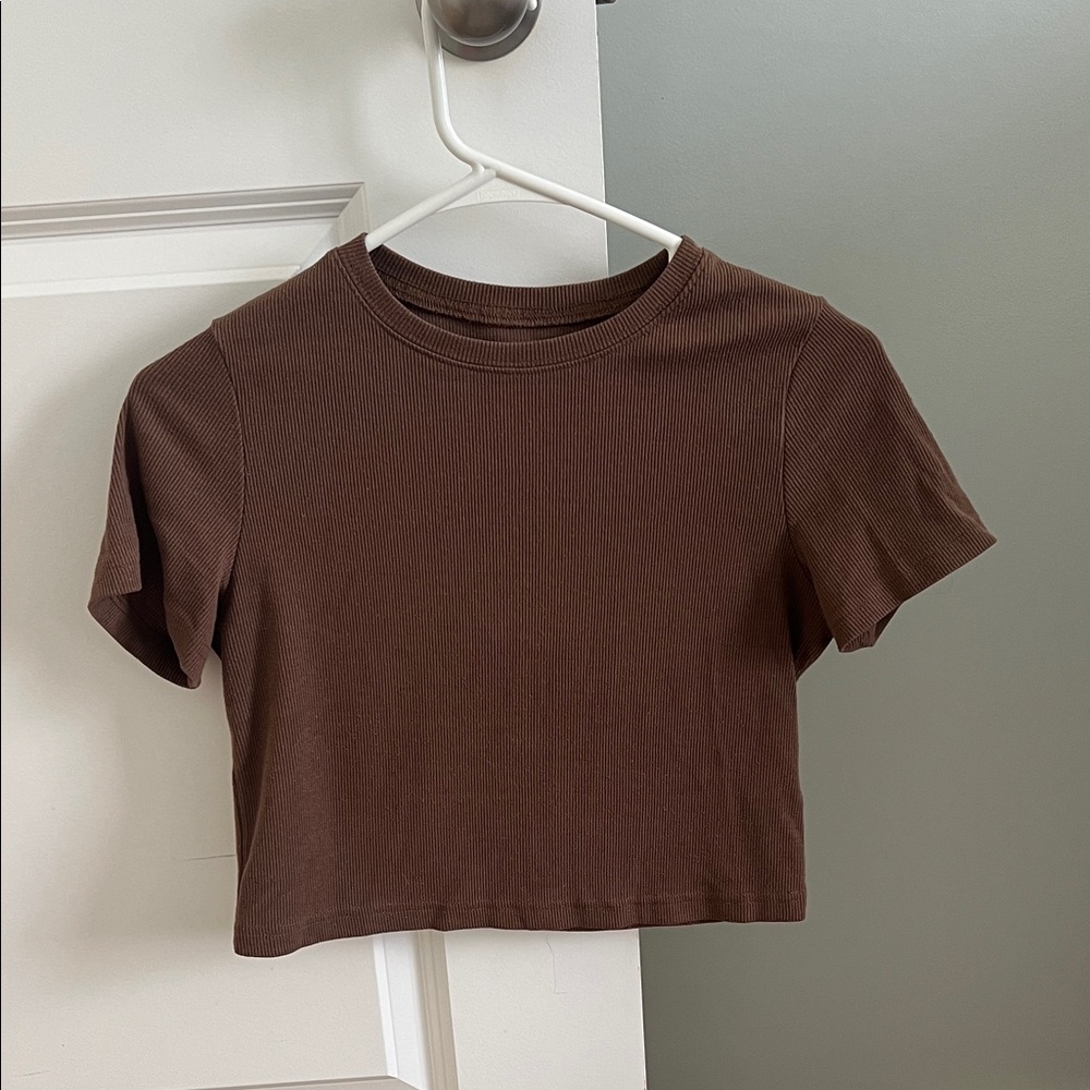 Women's Brown Ribbed Crop Tee